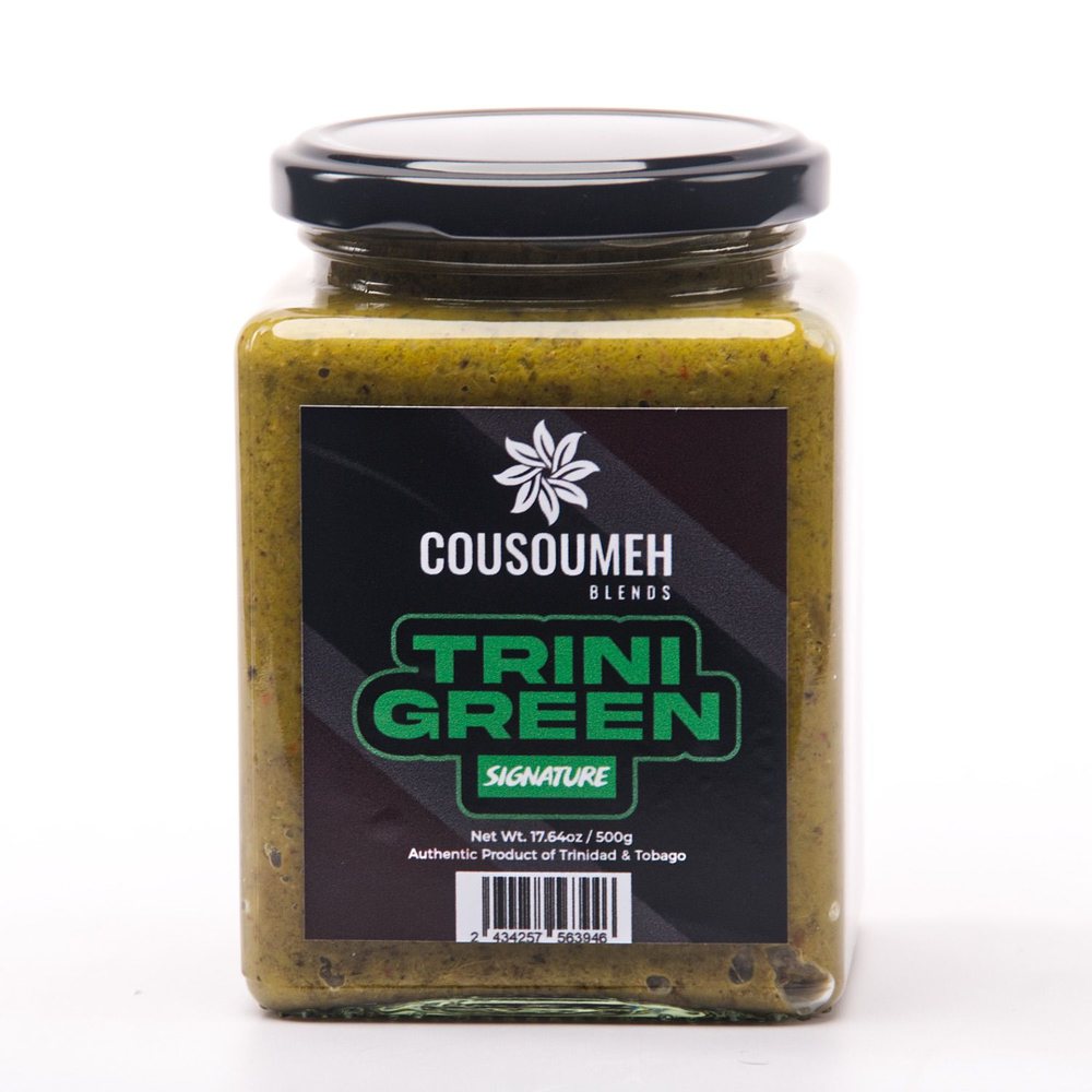 Jar of Cousoumeh Blends Trini Green Signature wet seasoning, 500g